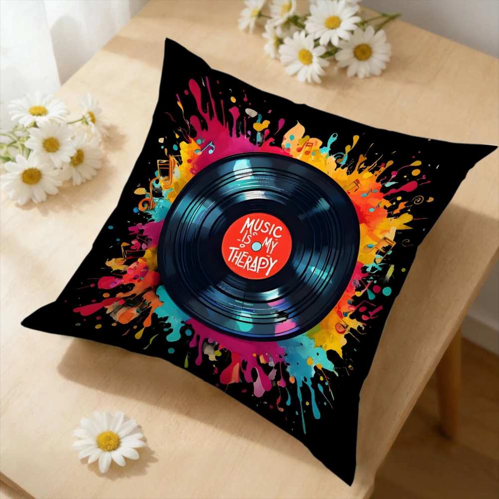 1pc Music Therapy Vinyl Record Cushion Cover Black Colorful Splash Pillowcase For Sofa Bedroom Decorative Soft Home Accessory