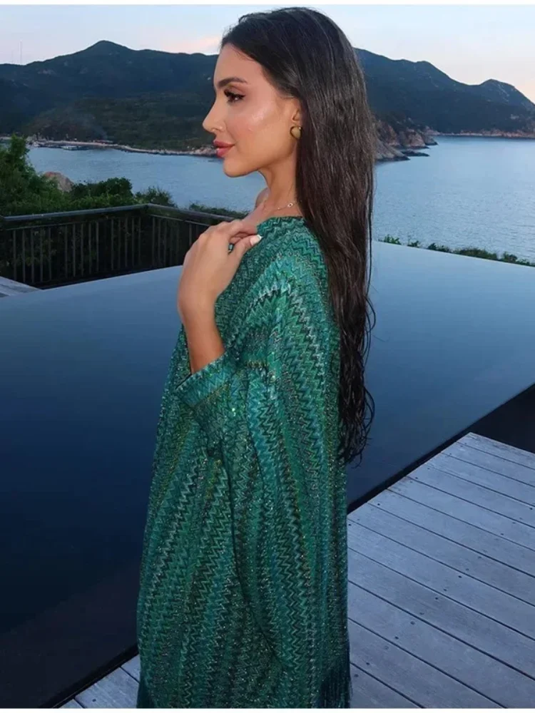 Streifen Lose Frauen Kleider Quaste Mit Schal V-ausschnitt Weibliche Maxi Kleid 2025, Sommer Mode Party Volle Hülse Dame Grün Vestidos