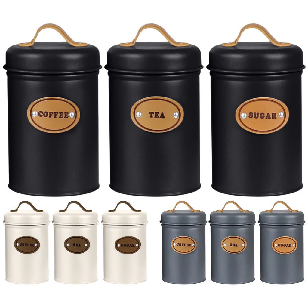 3-Piece Set Storage Canisters Galvanized Iron Durable with Tight Sealing Sugar Coffee Tea Organizer for Kitchen Canister Set