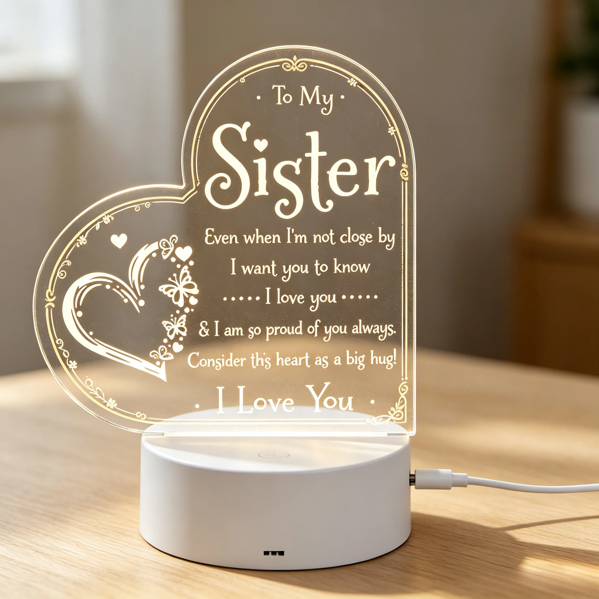 Heart‑Shaped To My Sister Love Quote Acrylic Night Light, LED Bedside Lamp Sister Keepsake Gift