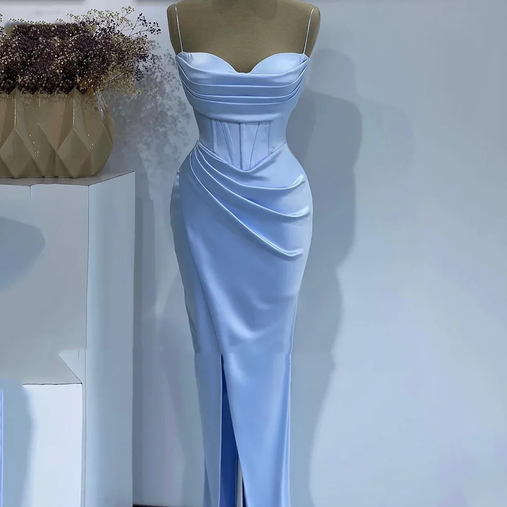 

Flavinke Sky Blue Evening Dresses Spaghetti Straps Dubai Draped Formal Celebrity Party Gowns Arabia Side Slit Prom Dress 2024