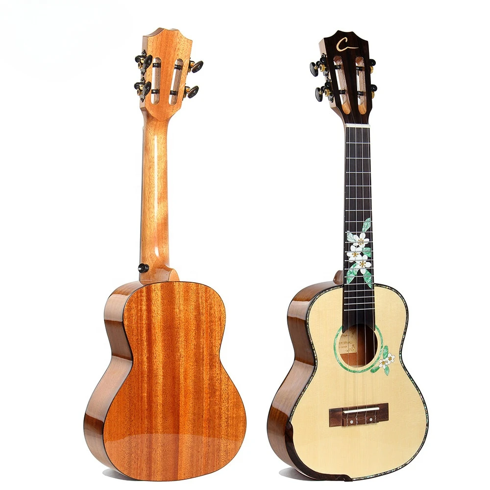 

High Quality OEM Factory Price Stringed Instrument 24 23 Inch Solid Spruce Mahogany 4 Transparent Carbon String Electric Ukulele