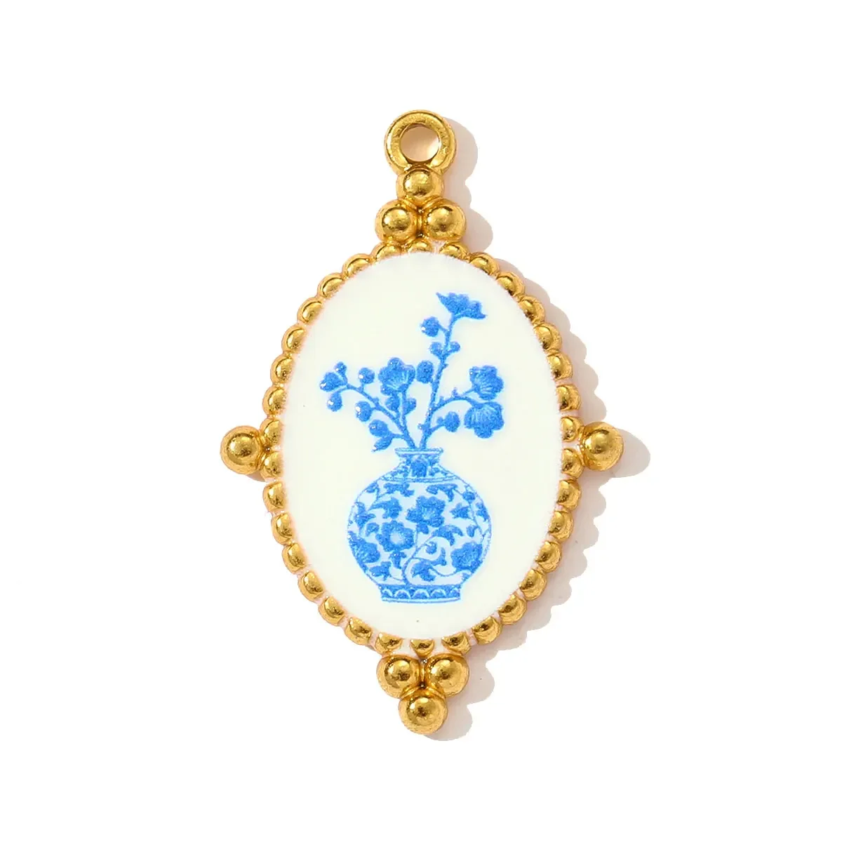 Collier pendentif rétro fleur de soleil en acier inoxydable, émail UV, porcelaine bleue et blanche, breloque de boucle d'oreille, bijoux pour femmes, 3 pièces/lot