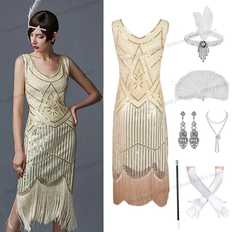 1920s Gatsby Dress 20s Flapper Girl Fancy Retro Sleeveless Sequins Embroidered Tassels Party Dress With Fan Necklace Akcesoria