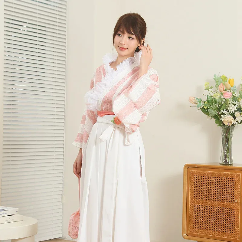 

Japanese Kimono Dress Women's Lace Pink Hakama Dresses Set Japanese Traditional Graduation Season Dress Formal Attire