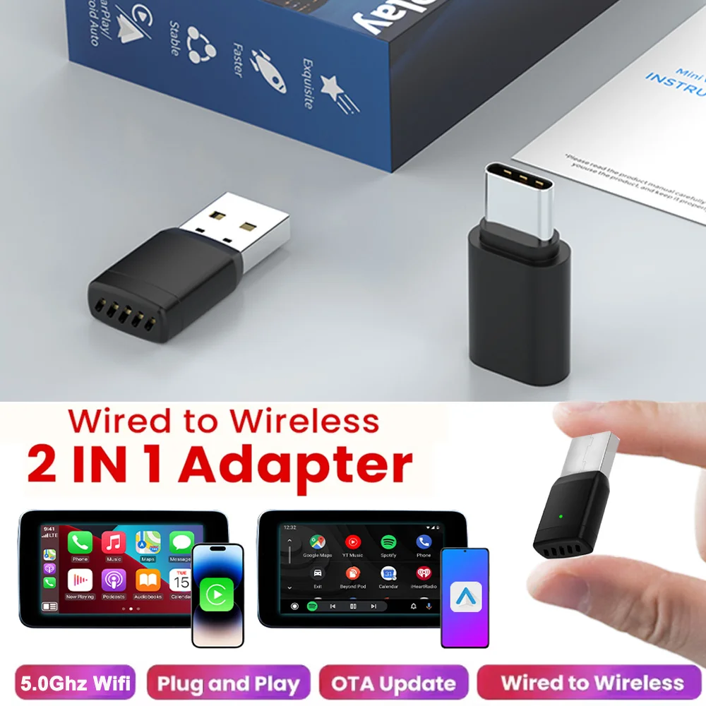 

2 в 1, проводная к беспроводному CarPlay Box и Android Auto Car Ai Box Plug и используется для Audi Mercedes Volvo Volkswagen OEM Carplay AA