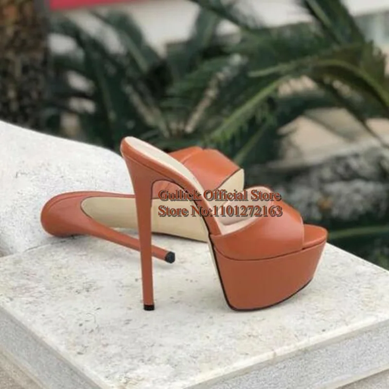 Brown Matte Leather Stiletto Heels Platform Summer Sandals Patchwork Leather Fashion Peep Toe Slip on Women Mules Shoes