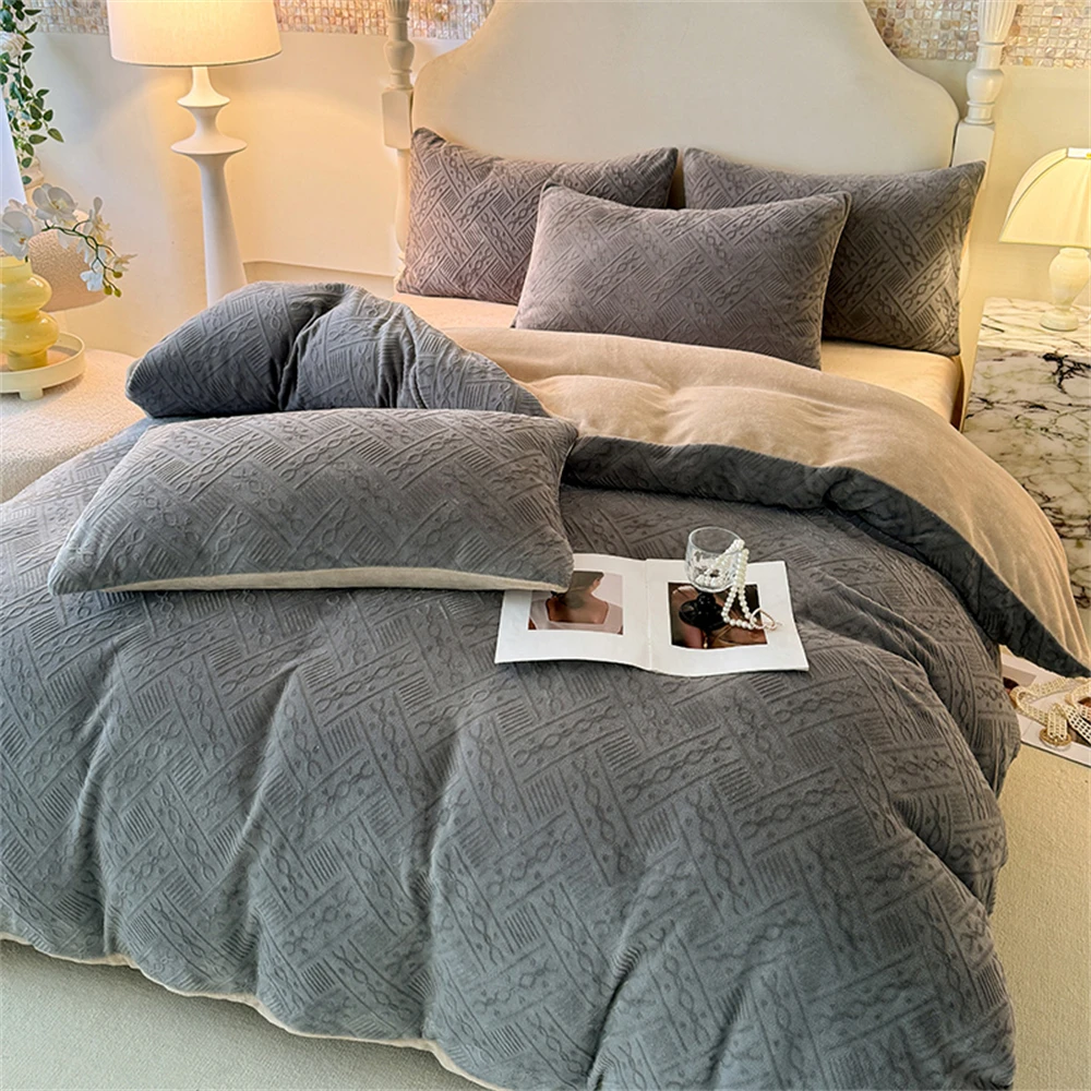 Solid Color Warm Four-Piece Set Winter Thickened Duvet Cover Pillowcase Bed Sheet Home Soft Coral Fleece Bedding Set