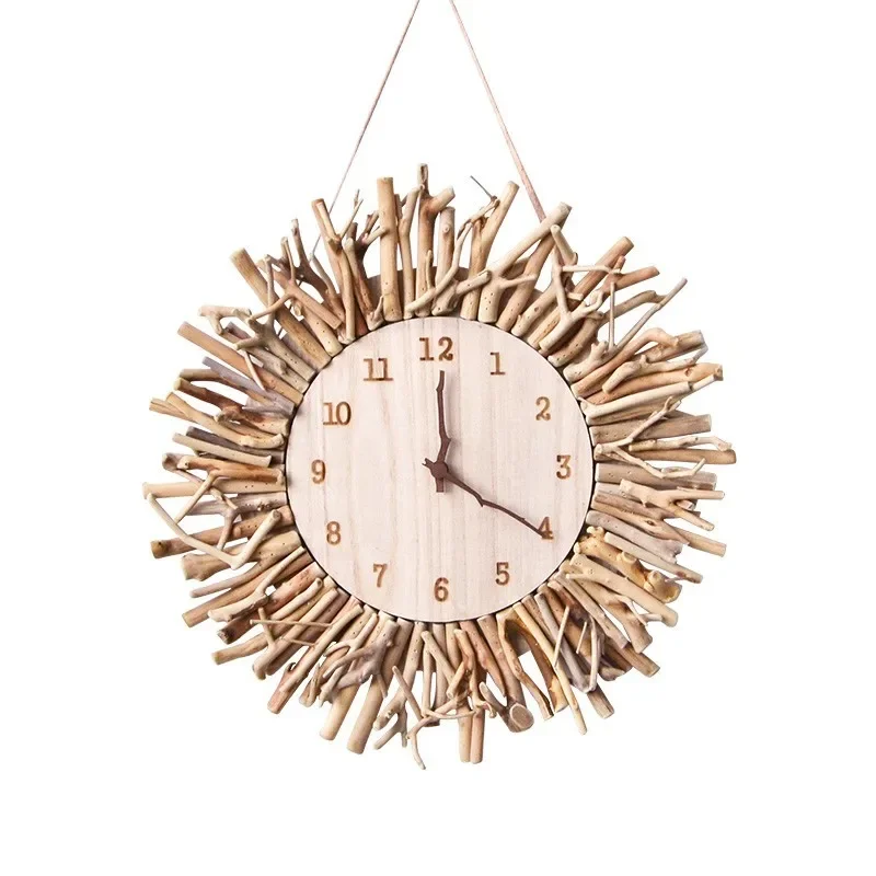 

Handmade solid wood round living room wall clock, solid wood creative simple clock, no punching