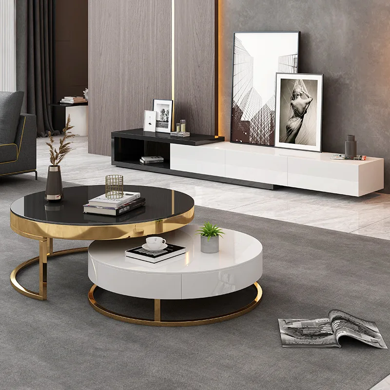 !@Slate Grass Desktop Stainless Steel Gilded Electroplate Base Nesting Coffee Table Set with Wooden Cabinet