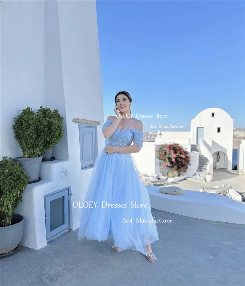 OLOEY Sexy Off the Shoulder Light blue Prom Dresses Pearls Sweetheart Tulle Ankle Length Women Evening Gowns Wedding Party