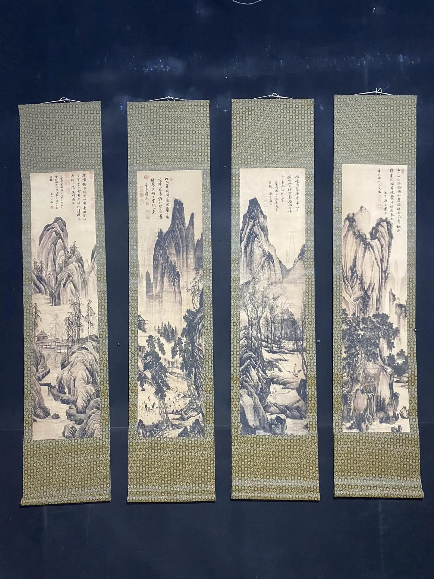 Old Chinese hand-painted long scroll,  Landscape Painting Scroll,4 pieces/pack, free shipping#202501-206