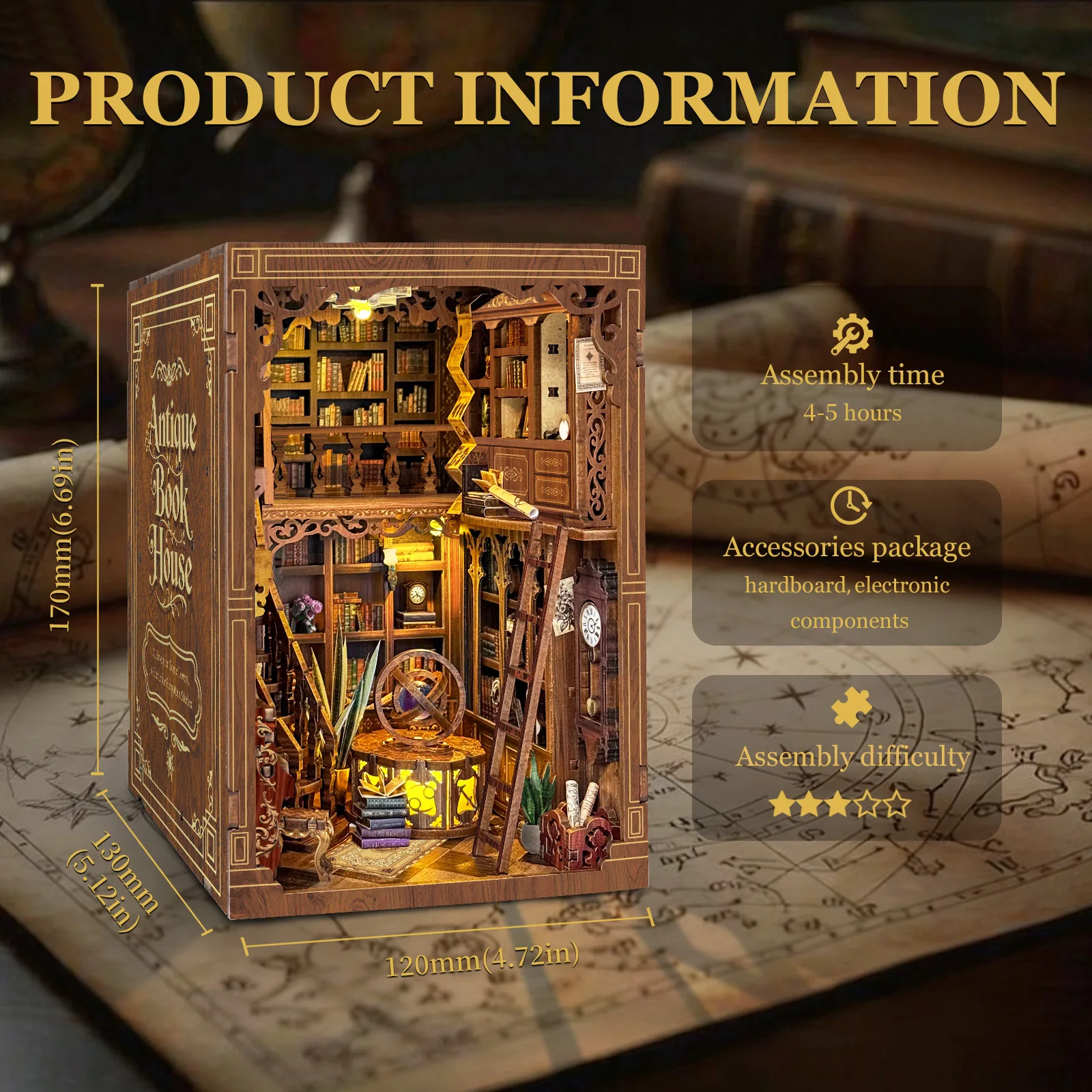 3D Wooden DIY Eternal Library Book Nook,Touch LED Lighted MiniatureDiorama Kit,Handmade CreativeGift for Book Lovers&Shelf Decor