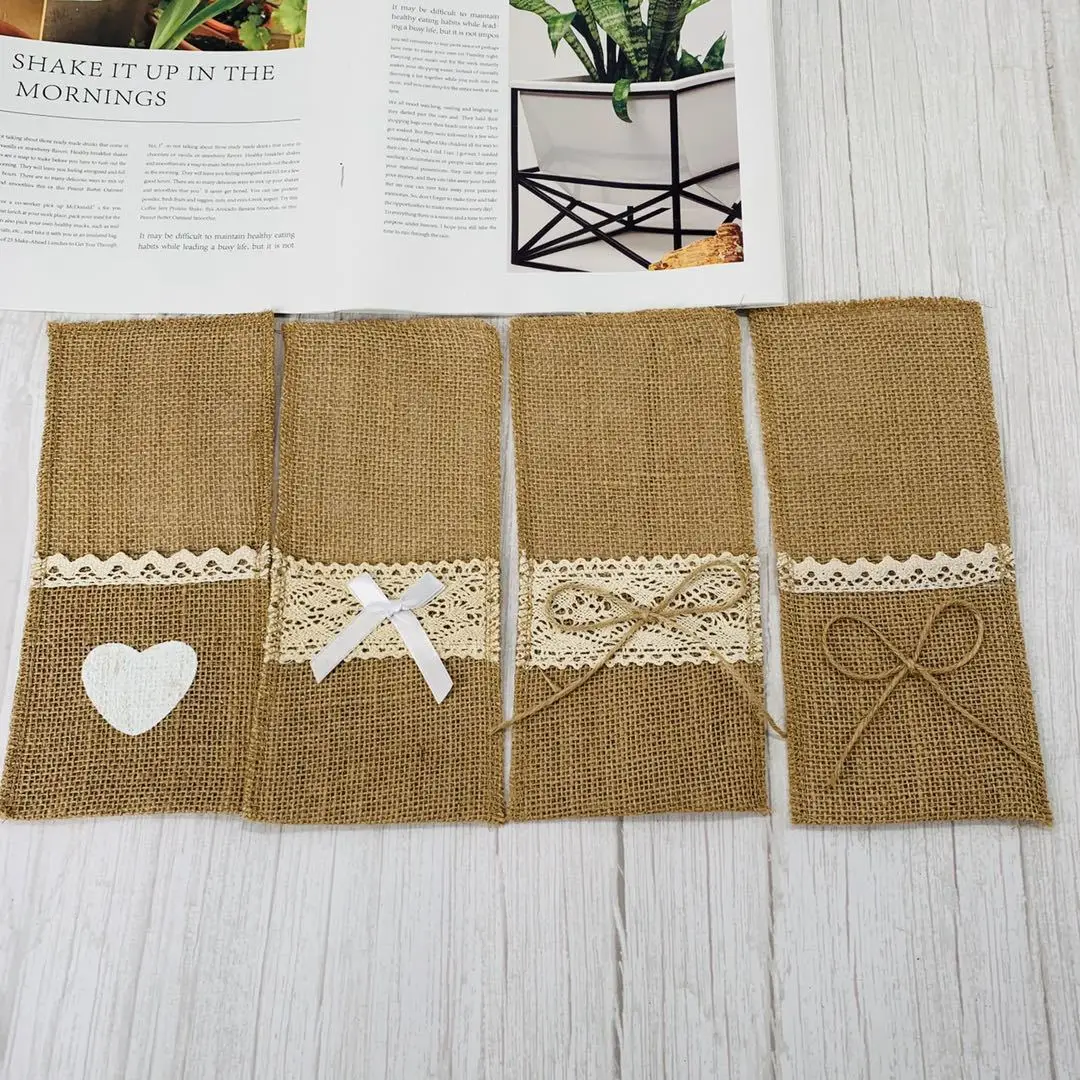 10 Items Pocket Tablecloths for Cutlery in Rubber Lace, Knife Bag, Forks, Utensils, Rustic Cutlery Holder Vintage view 4