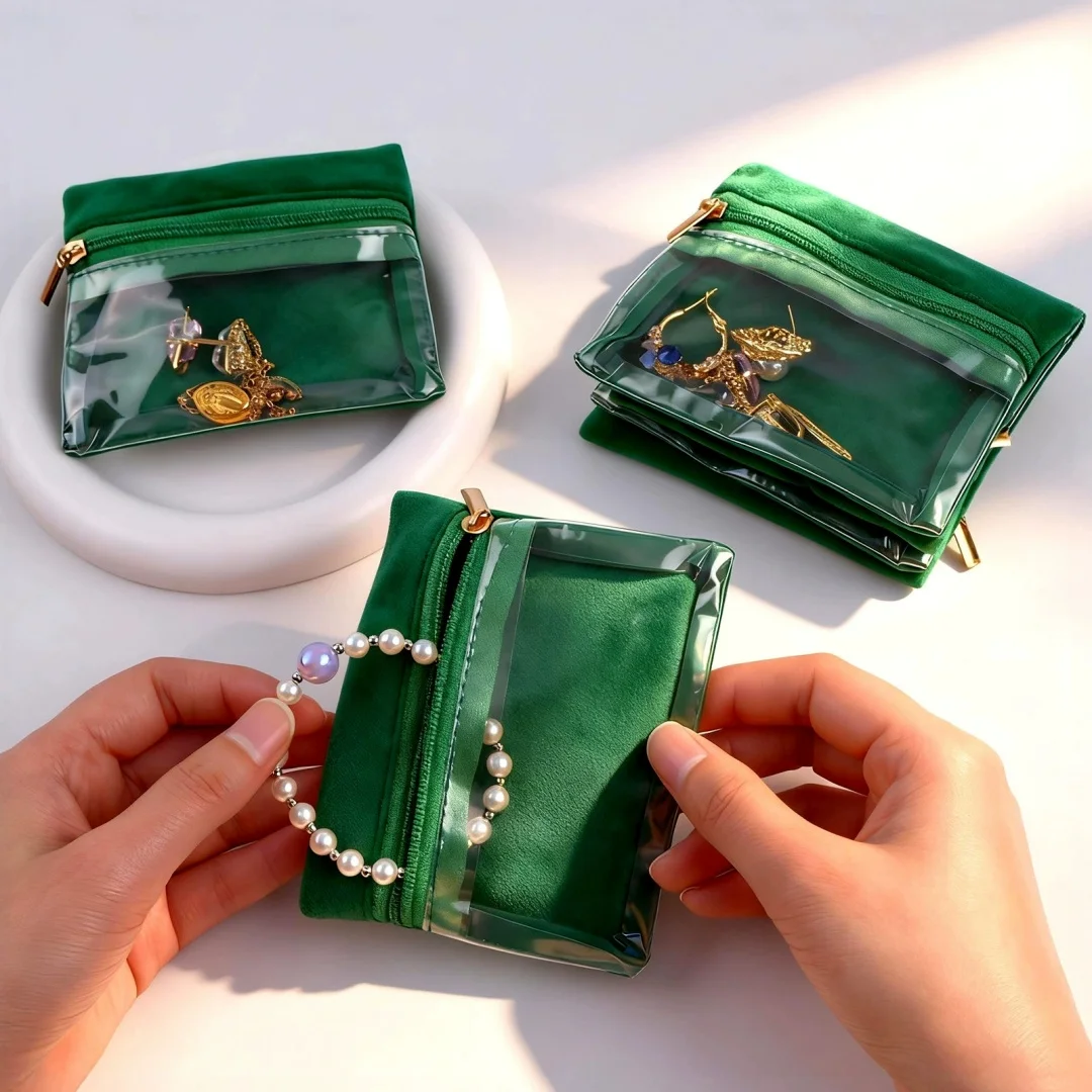 Mini Velvet Transparent Jewelry Storage Bag Portable Travel Zipper Accessory Pouch for Rings Earrings Necklaces Bracelets