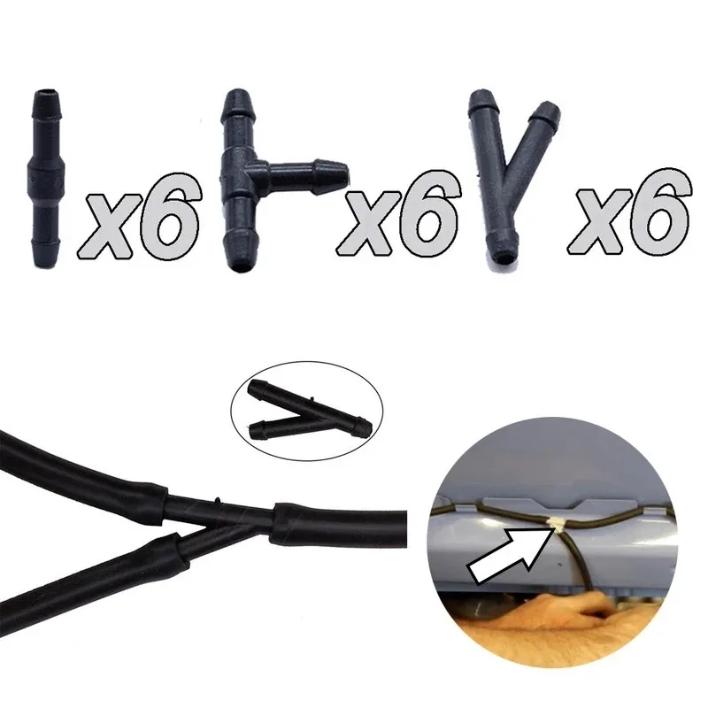 18-Pack Car Windshield Washer Hose Connectors Y/T/I Shape Splitter Fittings For Water-Tube Nozzle Pump Repair Black