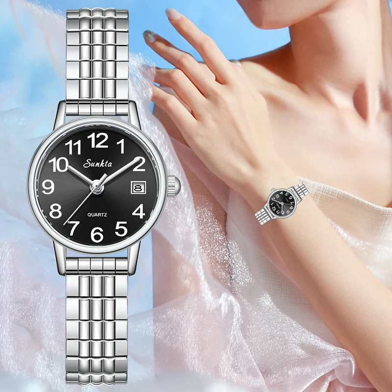Sunkta Small Dial Watches for Woman Elegant Fashion Auto Date Steel Casual Quartz Women's Wristwatch Ladies Bracelet Reloj Mujer
