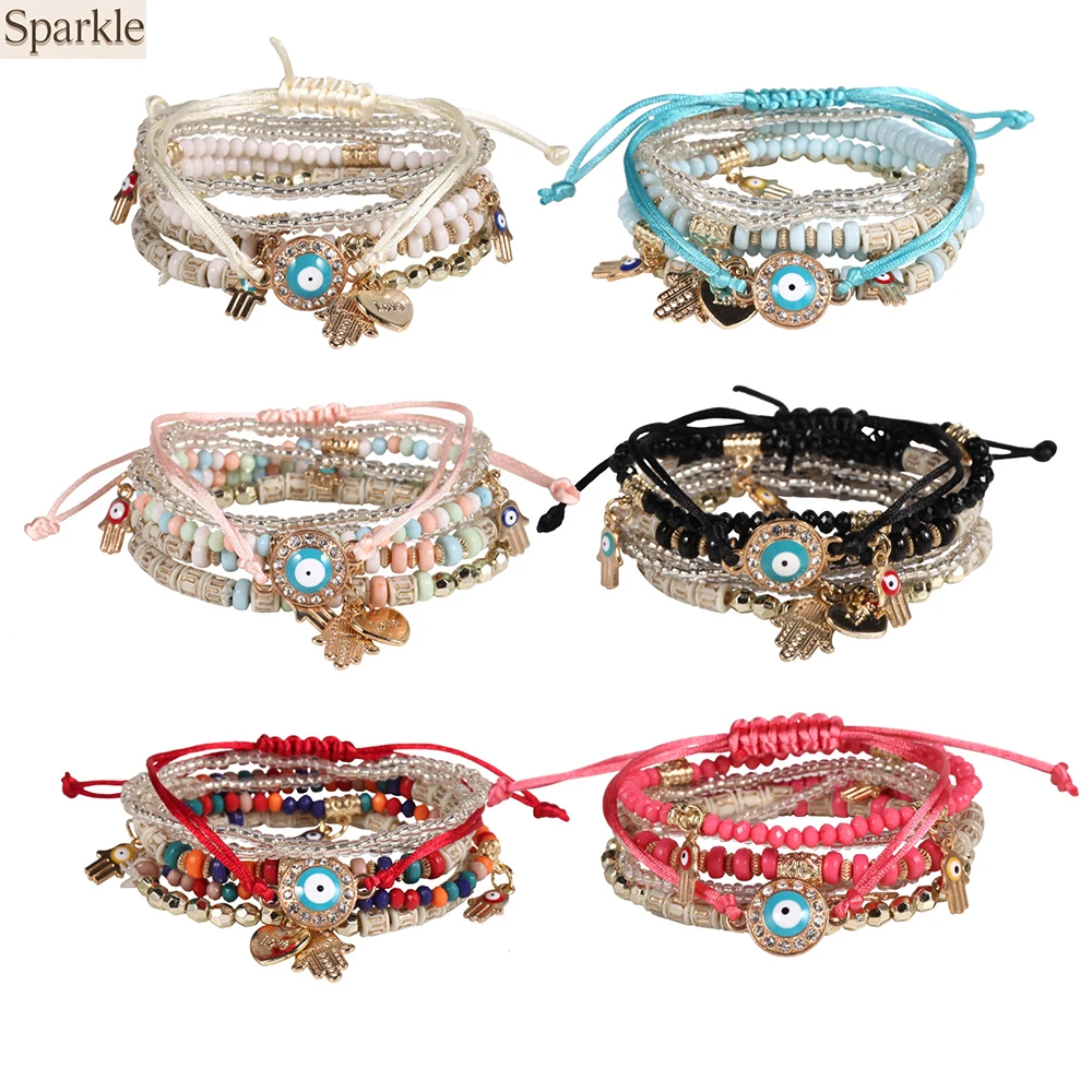 

New Evil Eye Beads Bracelet Set For Women Bohemia Fatima Hand Charm Beaded Chain Bangle Girls Boho Party Jewelry