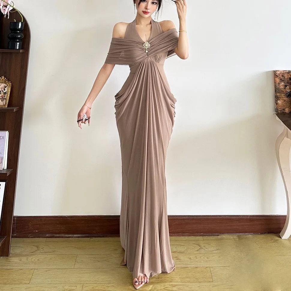 Pure Desire Wind Pleated Slimming Neck Hanging Long Dress Women's Elegant Lady Drapey Wrap Body Long Skirt Cross-Border