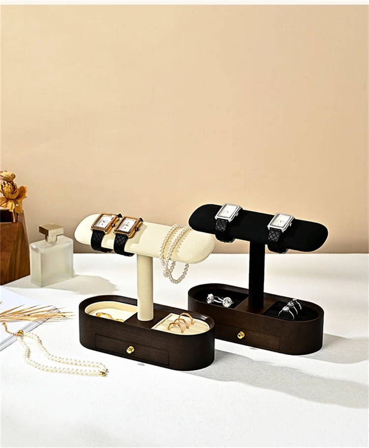WoodTen Solid Wood Watch Display Stand with Drawers Double Layered Watch Necklace Bracelet Organizer Rack Jewelry Bracelet Stand