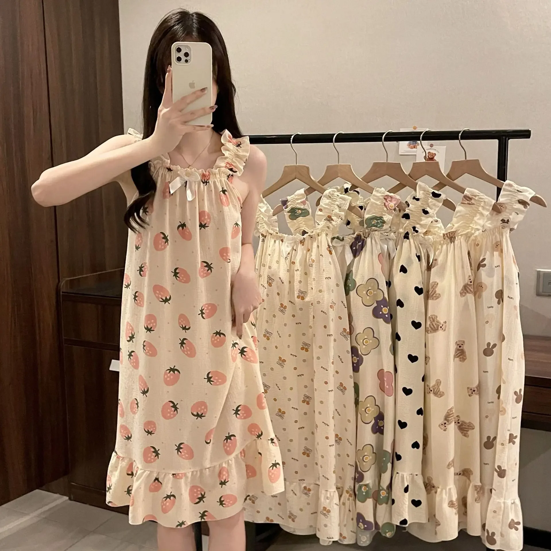 Sweetcuteins Summer Woven Tank Sleep Dress Bubble Cotton Chest Pad Korean Style Thin Homewear Nightgown Sleepshirt