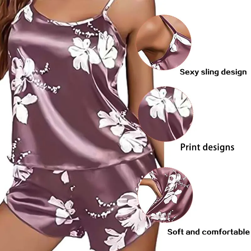 New Ladies Satin Pijama Silk Lace Lingerie Vest Shorts Floral Printing Pajamas Two Piece Set Nightwear For Woman