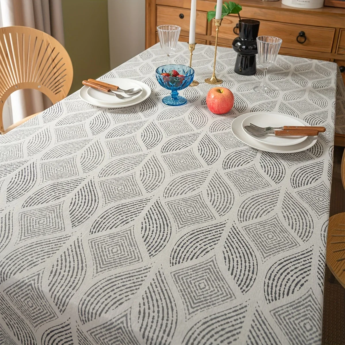 One piece of grey geometric pattern vintage tablecloth - machine-made rectangular self-adhesive table cover