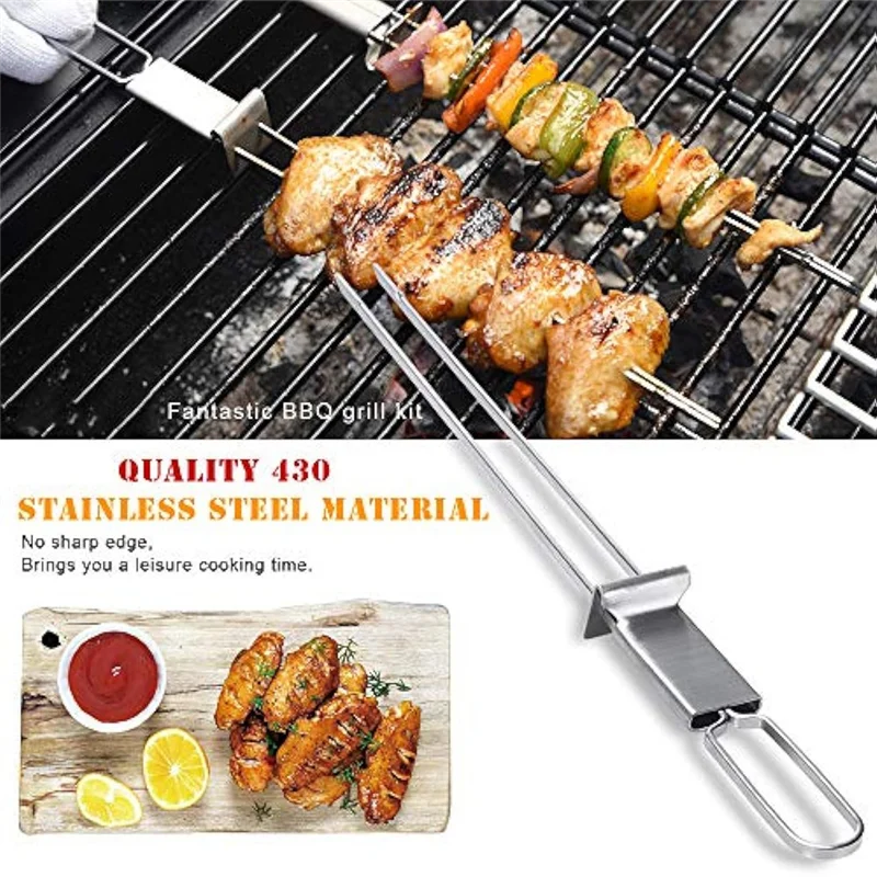 أسياخ ABBN-BBQ المعدنية، أسياخ من الفولاذ المقاوم للصدأ، أعواد للتخييم أو الاستخدام المنزلي، أسياخ قابلة لإعادة الاستخدام للدجاج والسجق ولحم البقر Dur