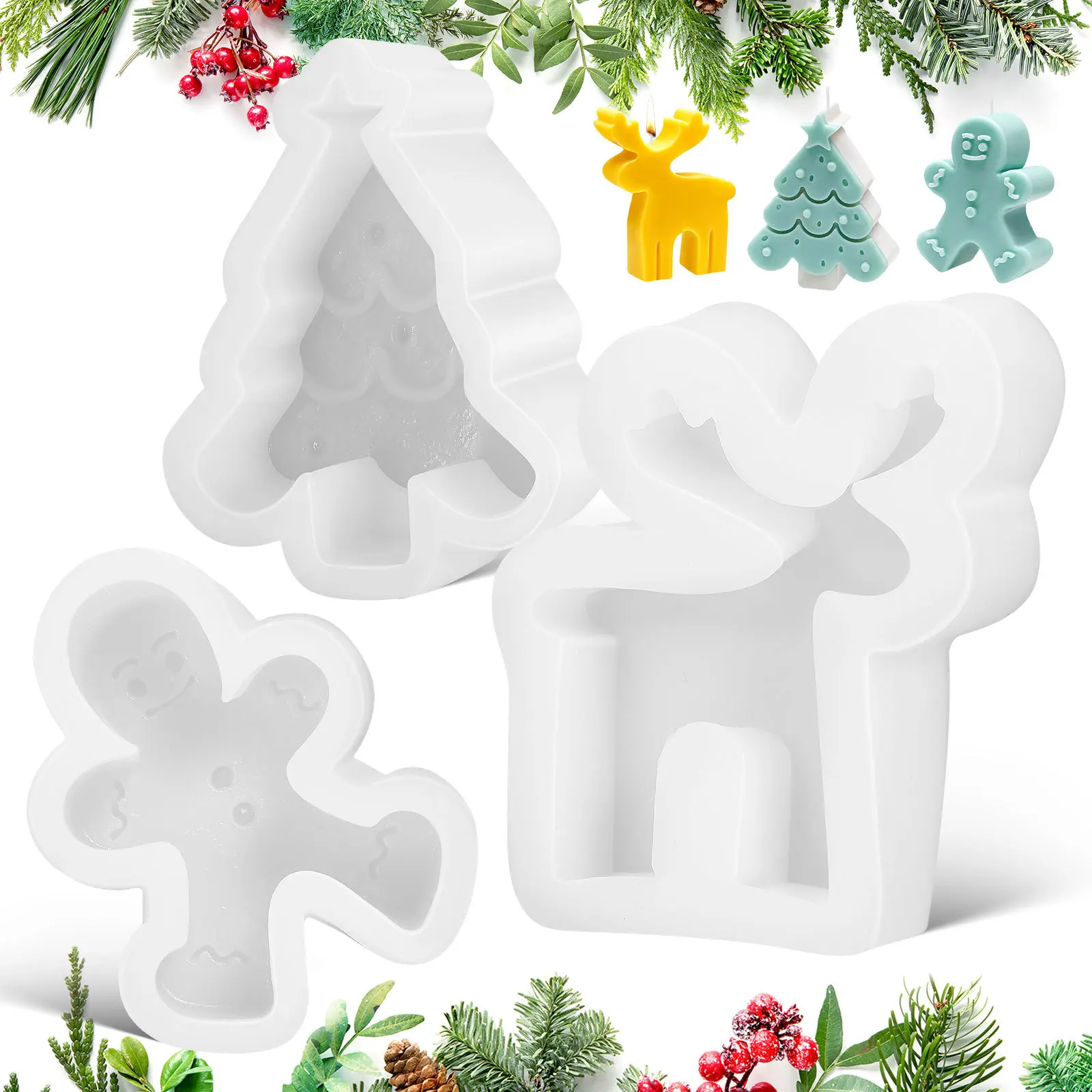 

3Pcs Christmas Silicone Mold Reindeer Xmas Tree Gingerbread DIY Soap Craft Molds Christmas Mold Wax Molds