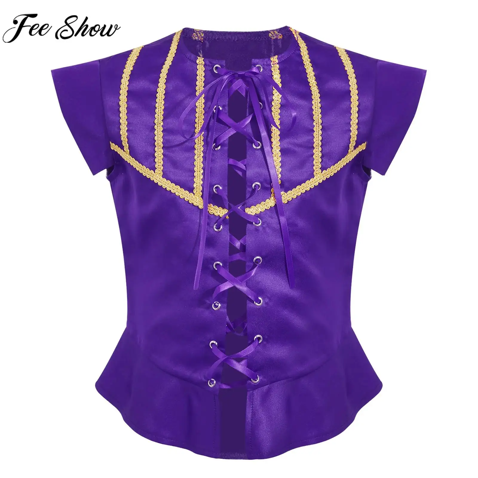 Children Boys Halloween Theme Party Medieval Renaissance Prince Pirate Cosplay Vest Short Sleeve Lace-up Steampunk Waistcoat Top