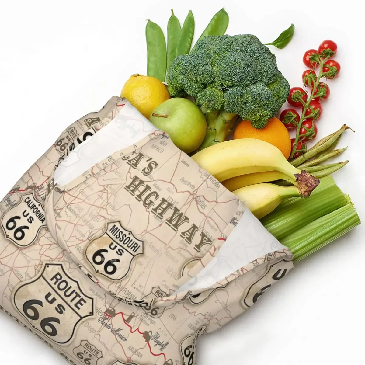 Vintage mapa americano Ruta 66 patrón Tote bolsas de compras portátil lona Shopper hombro EE. UU. Highways bolso