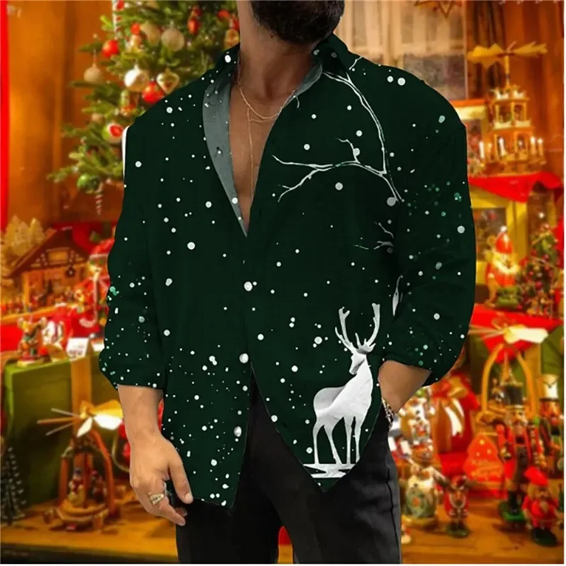 2023 Christmas Gift New Men\'s Long Sleeve Printed Shirt Casual Holiday Party Clothing Comfortable Soft Fabric