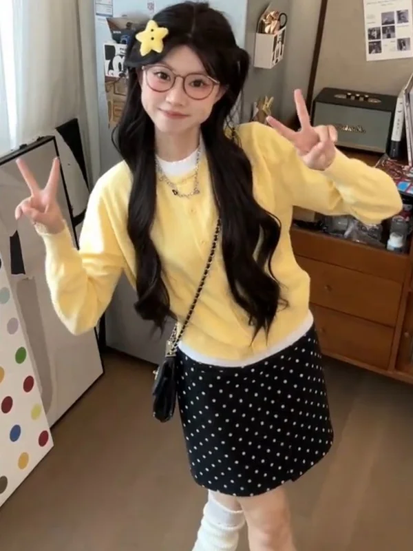 블라 폴카 도트 수트 스커트 여성용 하이웨이스트 슬림핏 또는 A라인 스커트 편안하고 부드러운 한국 스타일 출퇴근용