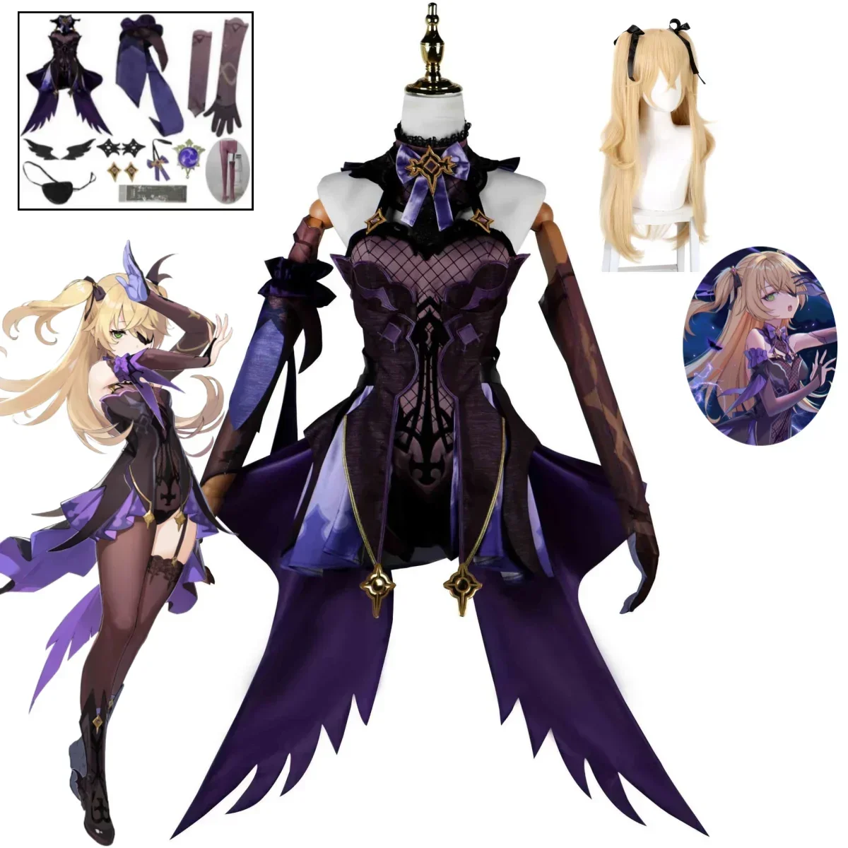 Anime Game Genshin Impact Fischl Cosplay Costume Purple Uniform Dress Dress Costume Halloween Carnival Party Carnival Set