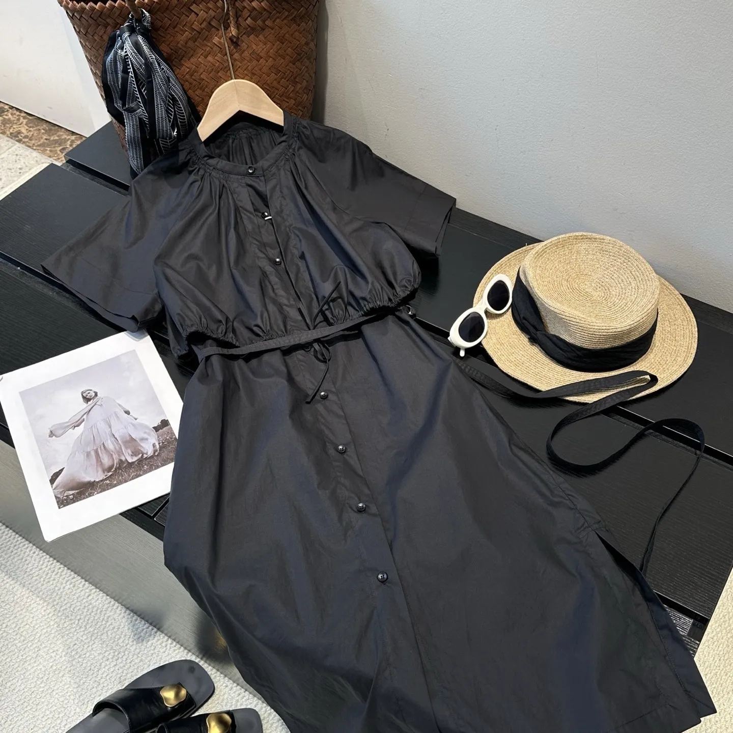 

High Waist Double Layered Short Sleeve Women's Dress Silk Cotton Gathered Waist Design Sensation City Commute Dress