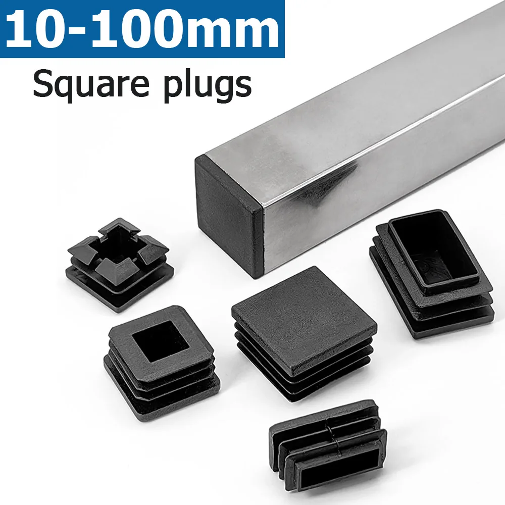 1/4/10/50pcs Black Square Plugs Pipe Tube Cap Plastic Tubing End Cap Insert Blanking Stopper 10 13 15 16 18 19 20 23 25 28-100mm