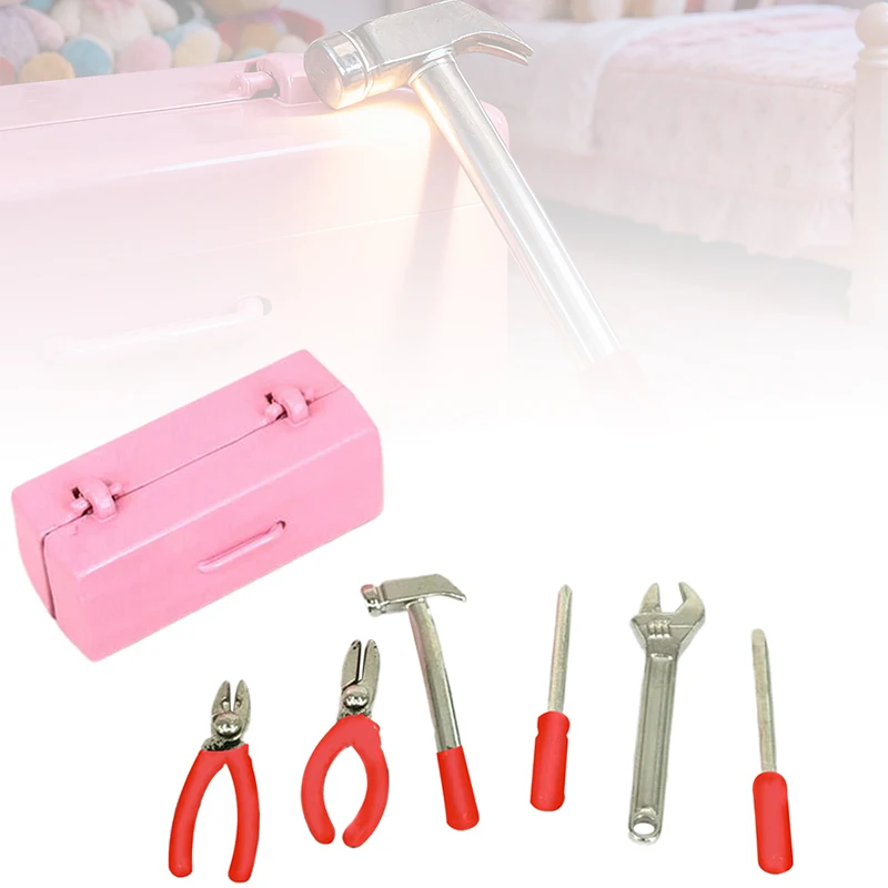 1Set Puppenhaus Miniatur Werkzeugkasten 【Werkzeugkasten + 6 Werkzeuge】Handgefertigte Werkzeuge Sets Modell Möbel Zubehör Puppenhaus Dekor Spielzeug Geschenk