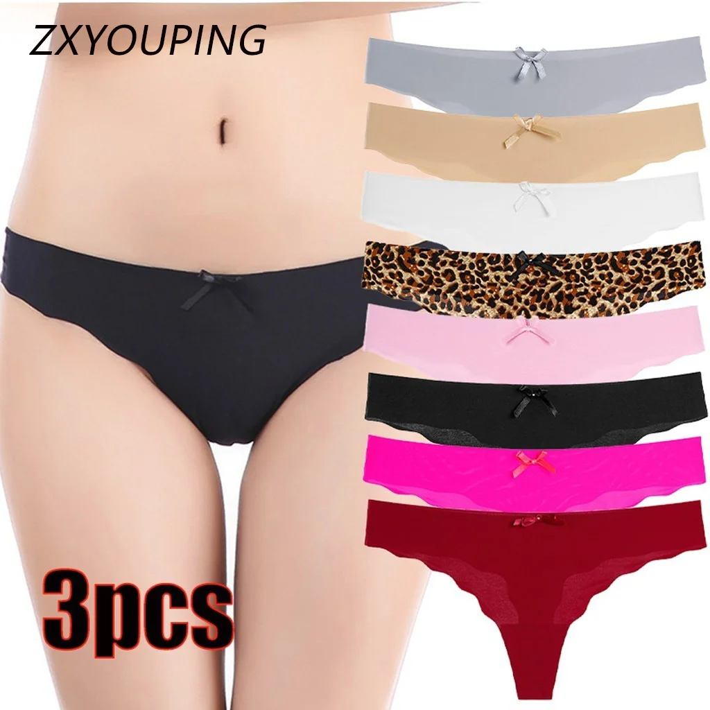 

3pcs Women Seamless Thong Set Plain Low Waist Sexy Thong Comfortable Ice Silk G String T Back Panties