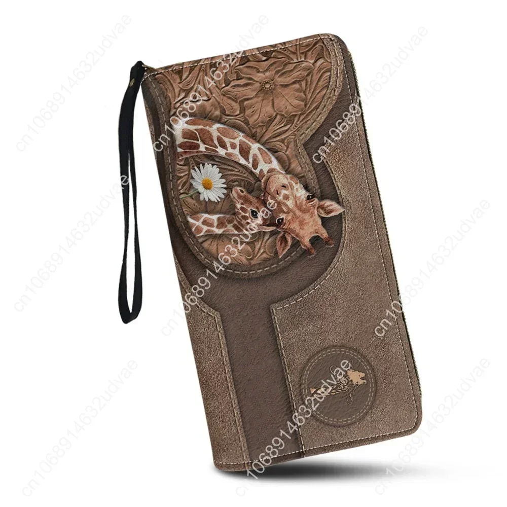 Portefeuille en cuir PU pour femme, motif girafe mignon, sac à main en poudre longue pour femme, porte-monnaie, porte-cartes, pochette, chaud, 2023