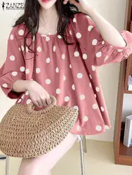 ZANZEA Oversize Women 3/4 Lantern Sleeve Blouse Fashion Loose Polka Dot Shirts Holiday O-Neck Blusas Summer Korean Pleating Tops