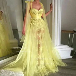 Elegant Yellow Sweetheart A Line Evening Dresses Tulle Lace Dubai Party Dress Sexy Saudi Arabic Appliques Long Formal Prom Gowns