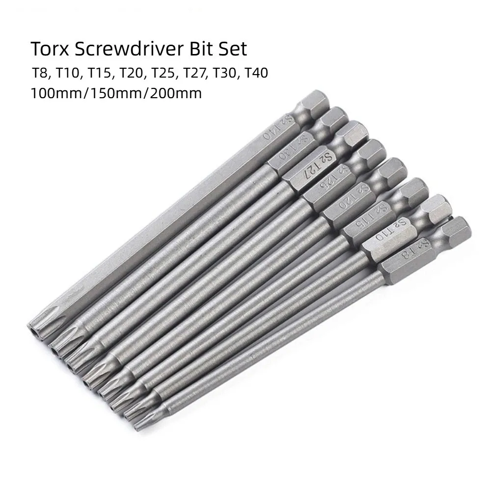 8PCS 1/4 Inch Torx Screwdriver Bit Set T8-T40 100mm 150mm 200mm Hex Head Allen Wrench Drill Bits Set Screwdriver Socket Bit