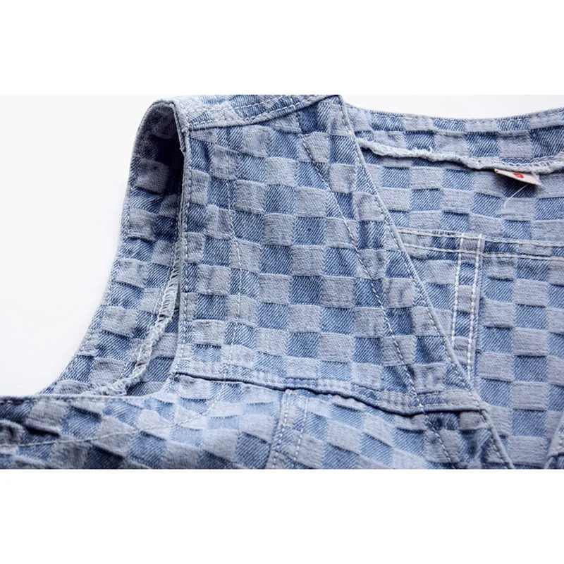 Vintage lavagem azul xadrez imprimir bolso grande denim colete feminino cowboy sem mangas jaqueta com decote em v magro curto jeans colete feminino