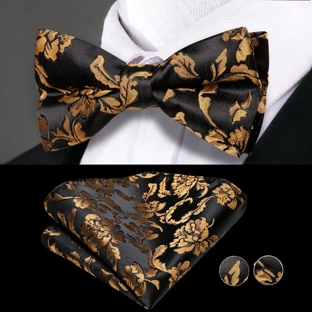 Hi-Tie Zijde Zwart Goud Mens Cummerbunds Vintage Jacquard Bowtie Hanky Manchetknopen Cummerbund Riem Korset Voor Mannelijke Huwelijksevenementen