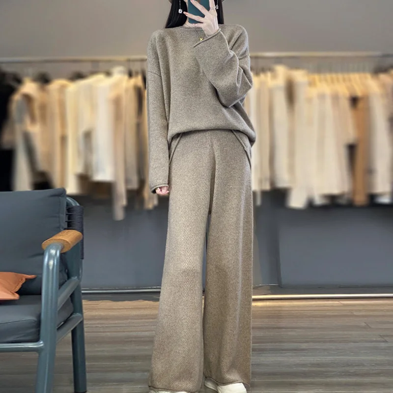 

100% Wool Suit For Spring And Autumn Round-Neck Rolled-Edge Sweater Fashionable Loose Wide-Leg Pants Knitted Two-Piece Set