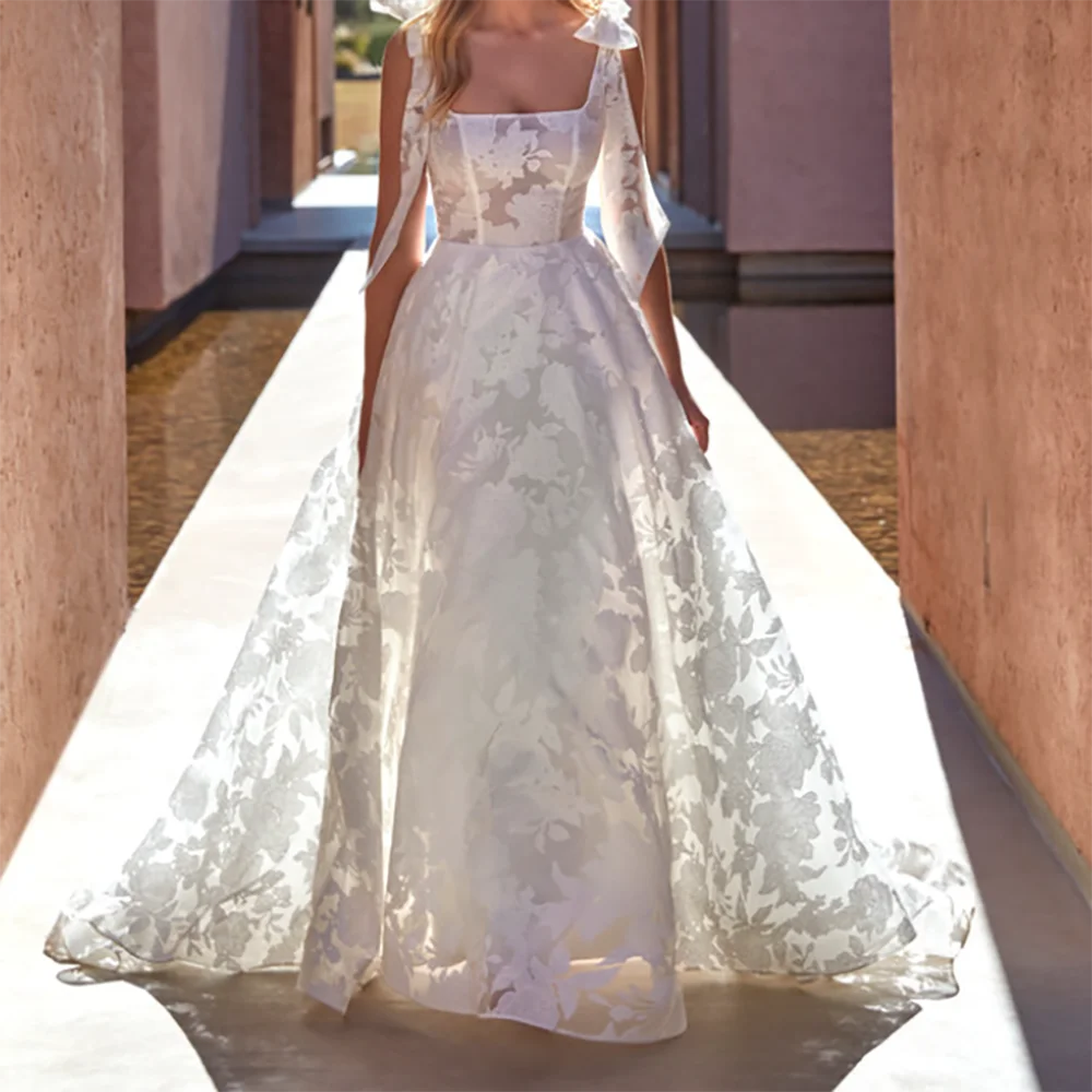 Classic Square Collar Applqiuins Sleeveless Bow A-Line Customized