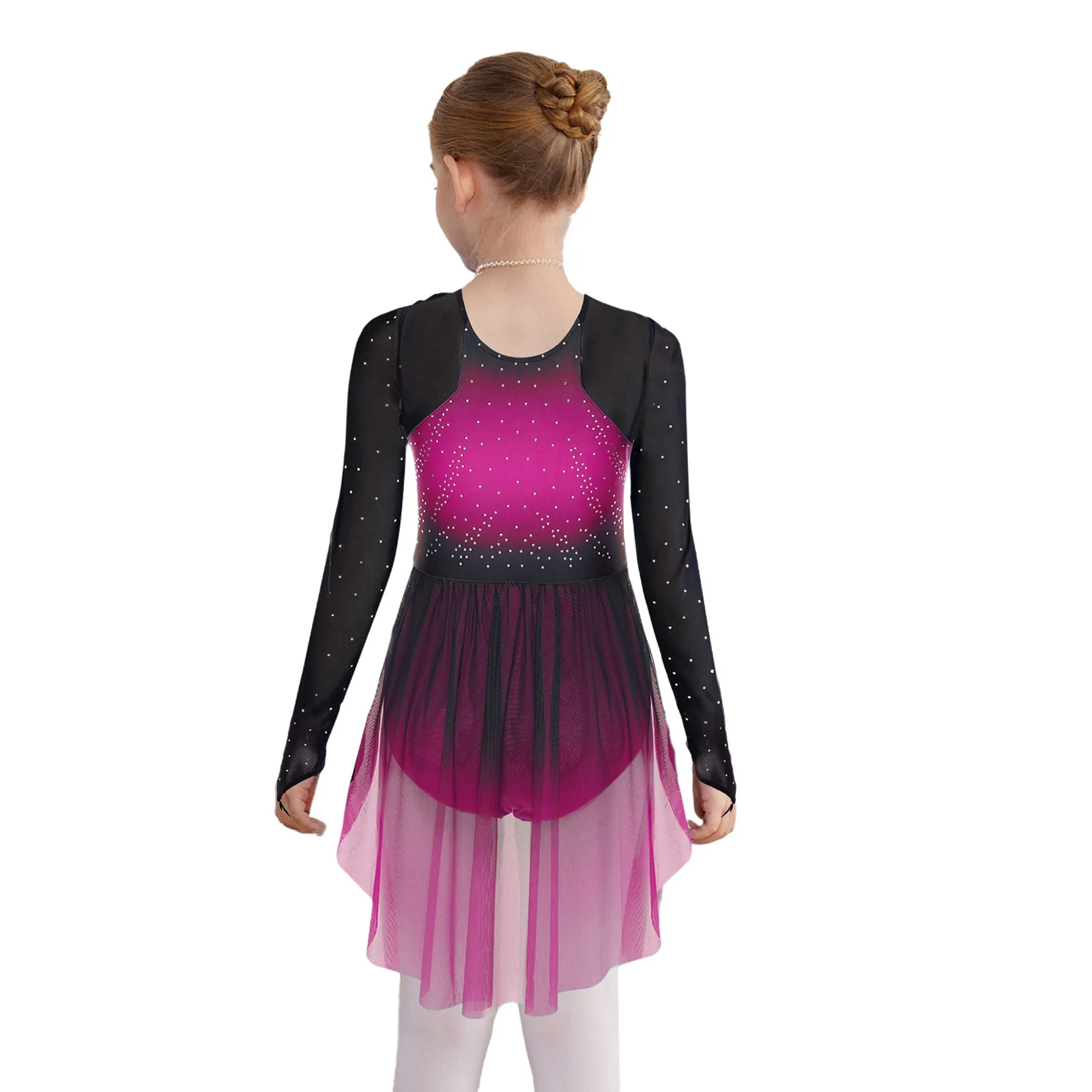 Robe de patinage artistique pour filles, couleur dégradée, Costume de danse moderne lyrique, manches longues, justaucorps de gymnastique de Ballet, vêtements de danse