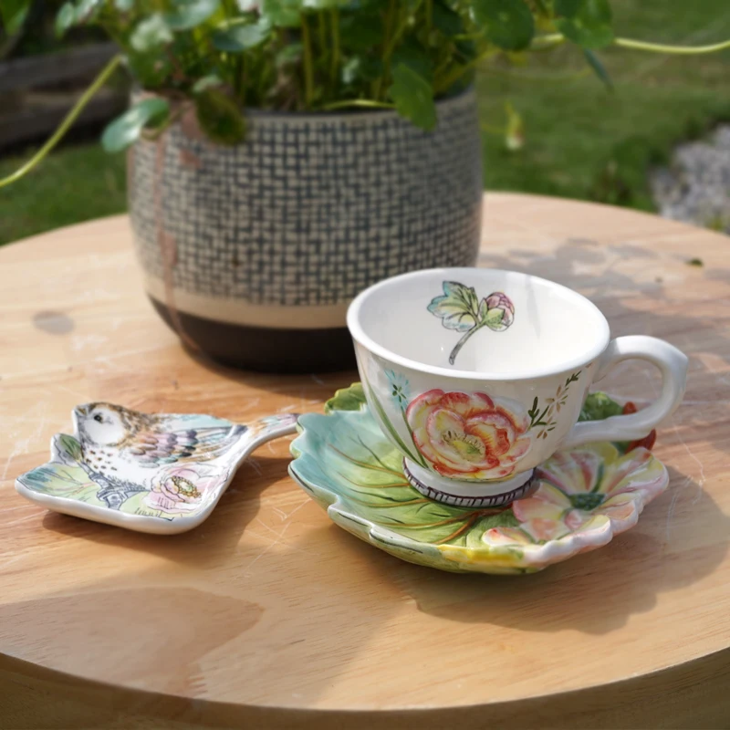 Exquisite British Afternoon Tea Hand Drawn Ceramic Coffee Cups Flower And Bird Relief Dessert Disc Versatile Scene Tea Bag Plate