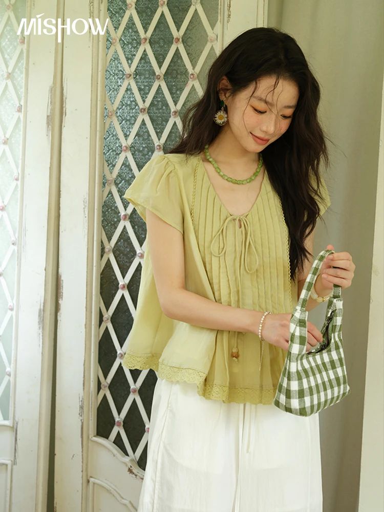 MISHOW Fashion V-neck Lace Up Blouses for Woman 2025 Summer New Flying Sleeve Lace Spliced Loose Top Female Clothing MXE37X1855