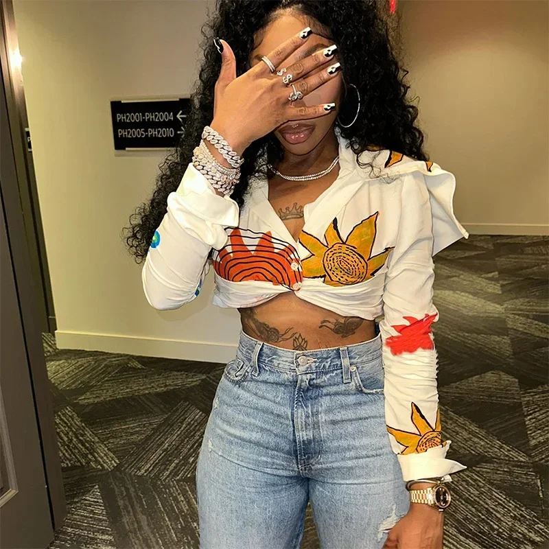 Floral Print Sailor Collar Women Shirt 2023 Autumn Trend Single Breasted Long Sleeve Casual Blouse Tops Streetwear Outfits